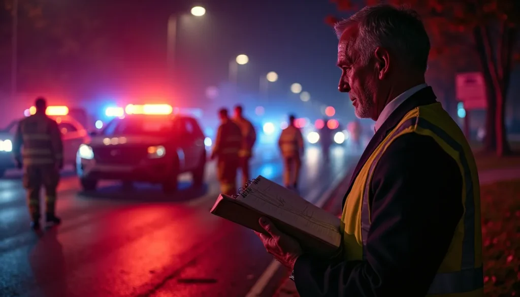 A lawyer standing near a nighttime collision scene, documenting information for a car accident claim.