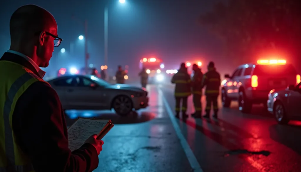 An attorney collecting evidence at a night crash location, lit by emergency response vehicles.