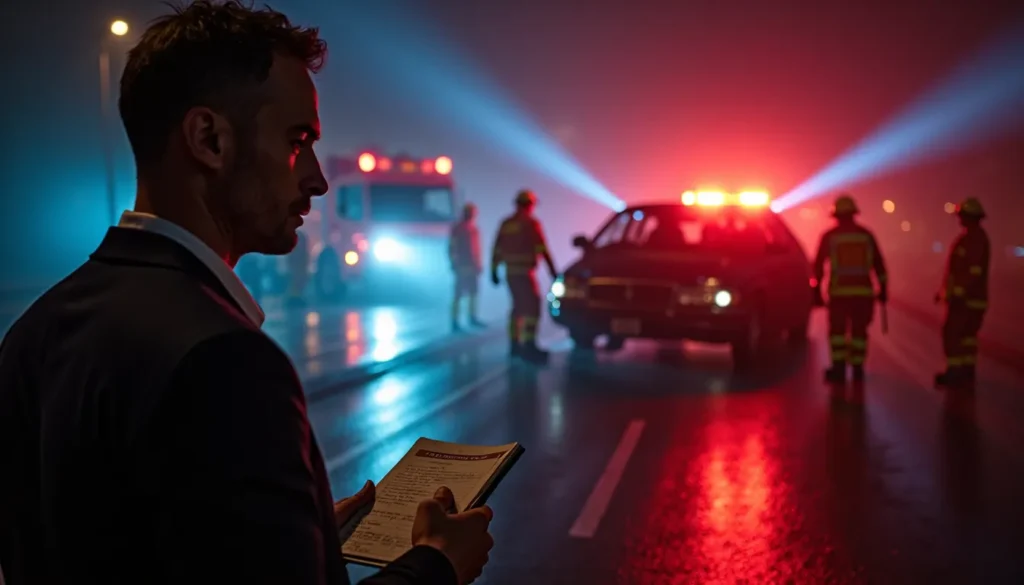 A legal expert reviewing the accident scene and taking notes beside damaged vehicles illuminated by sirens.