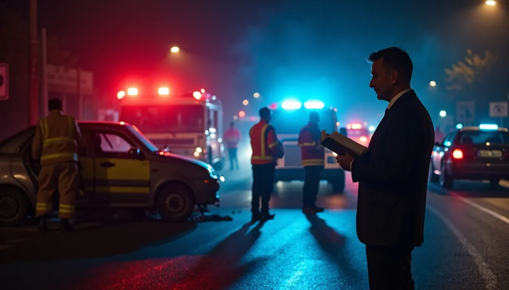 A car accident attorney gathering case details at night while emergency responders secure the crash site.