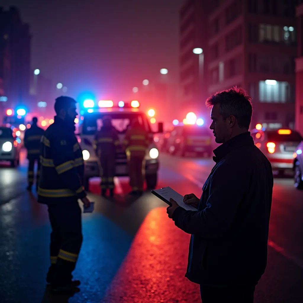 A lawyer inspecting a nighttime accident scene and writing notes under red and blue emergency lights.