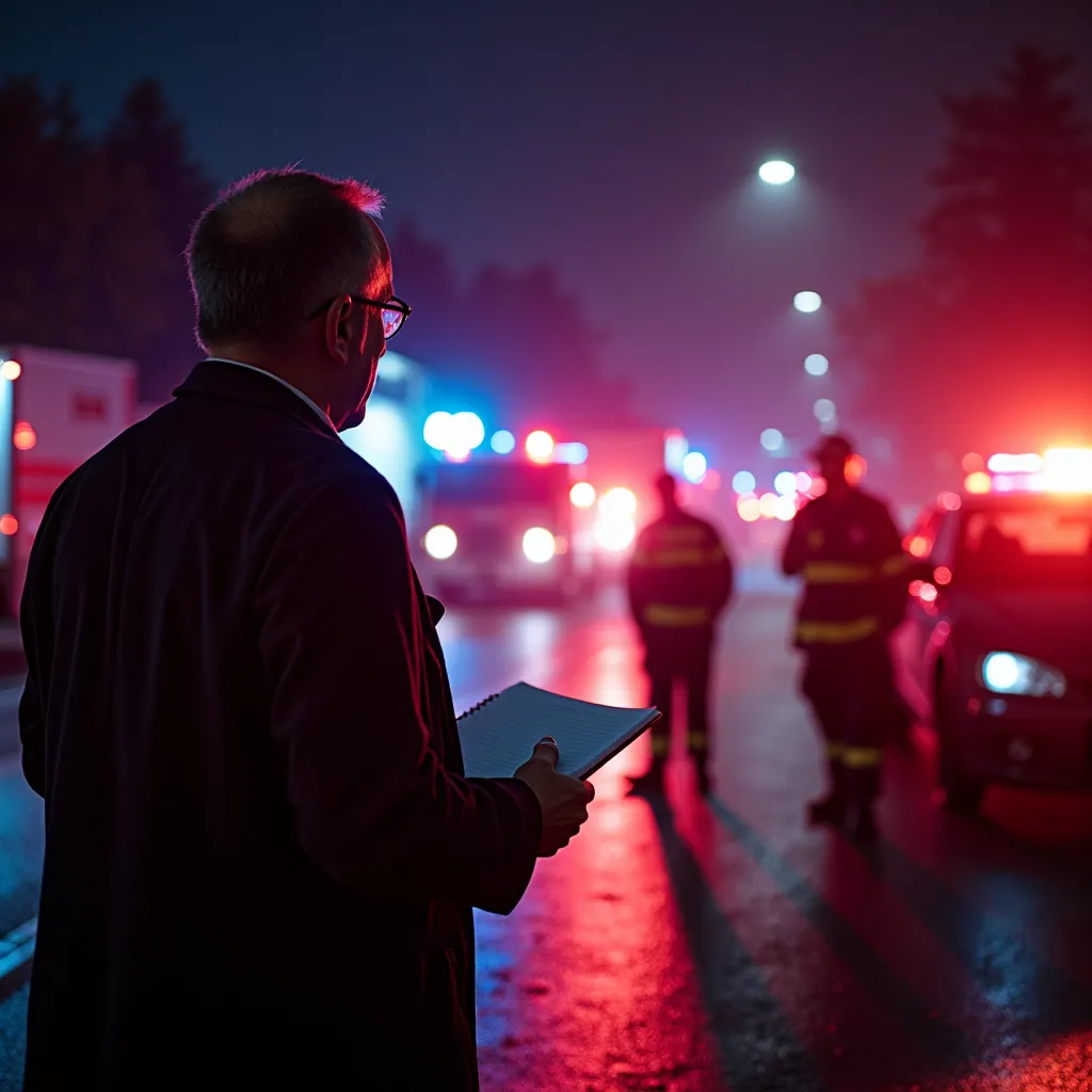 A personal injury attorney documenting evidence at a night car crash site with police lights in the background.