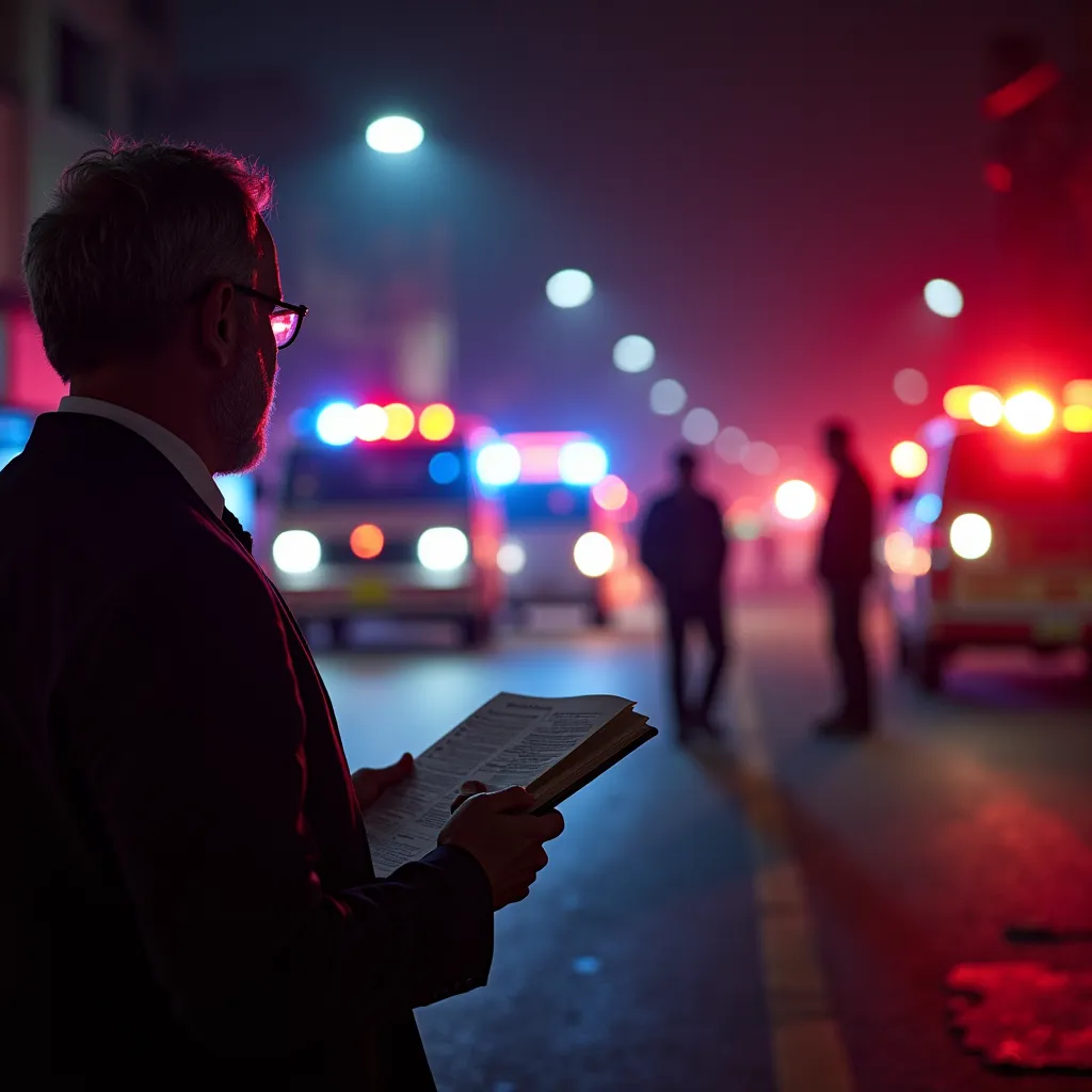 A lawyer taking detailed notes at a nighttime car accident scene lit by flashing emergency lights.