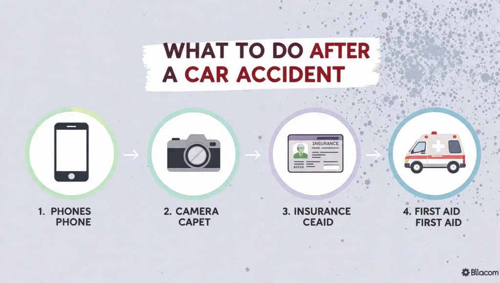 A clear infographic listing the must-do steps after a vehicle collision, including evidence collection and contacting a lawyer.